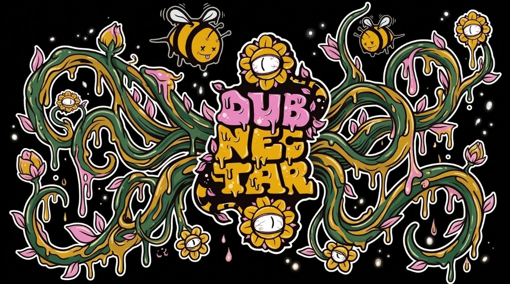 Dub Nectar illustrated artwork with vines, bees, and flowers