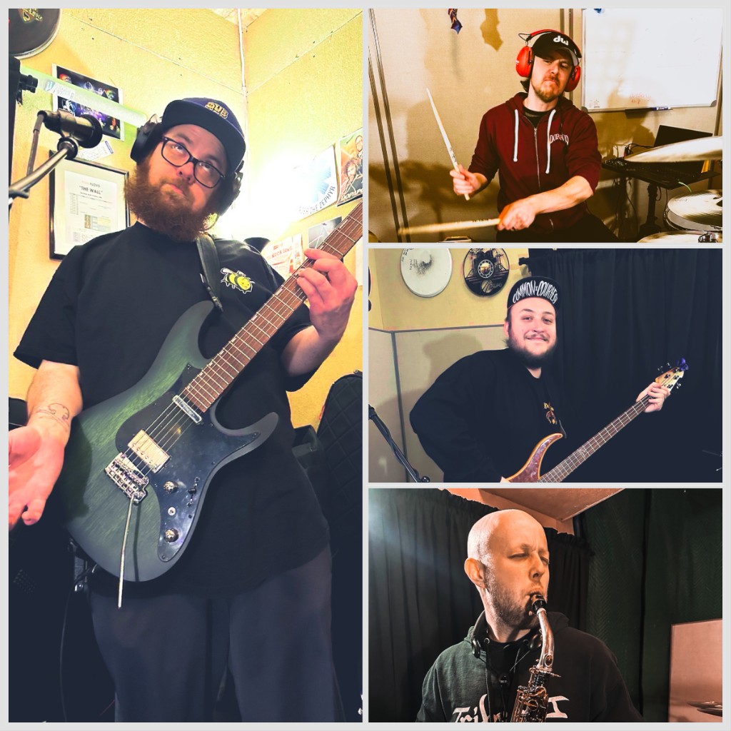 Dub Nectar band collage in rehearsal and studio settings